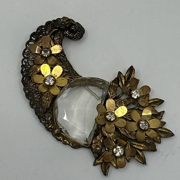 Antique Crystal Brass Faceted Glass Floral Huge Cornucopia Brooch Rare Statement
